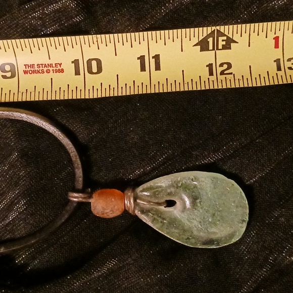 Leather necklace with light green & light brown weathered glass, Handmade - Picture 3 of 9